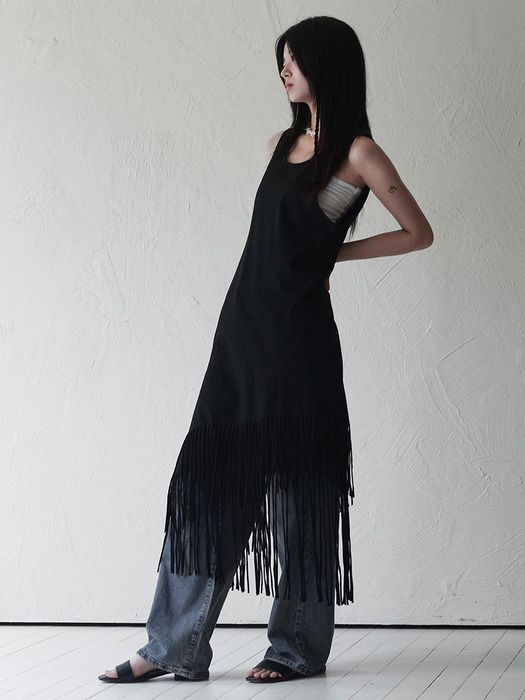 Layered Fringe Jersey Dress (BLACK)