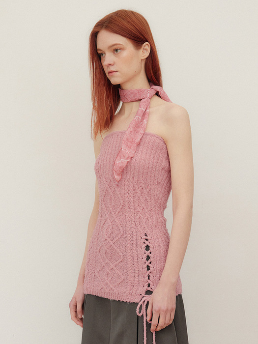 LACE UP BOUCLE KNIT TUBE TOP - PINK