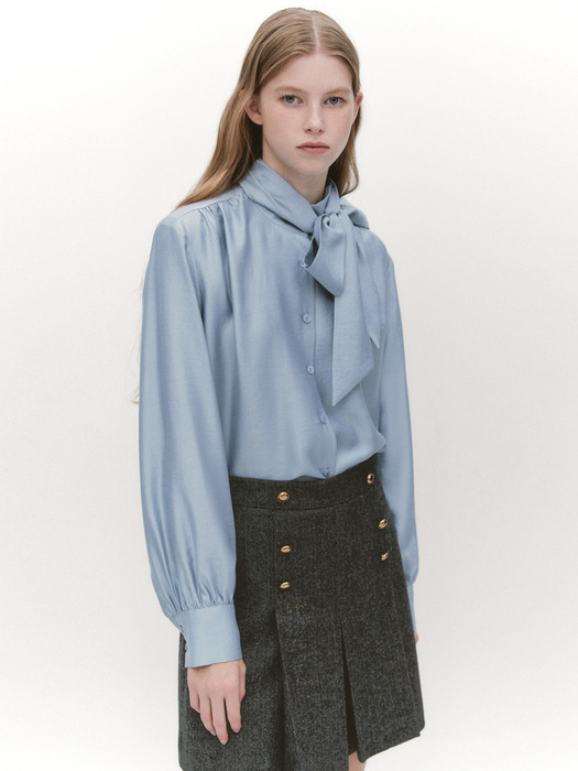 Tie-deco Shirring High-neck Blouse BLUE