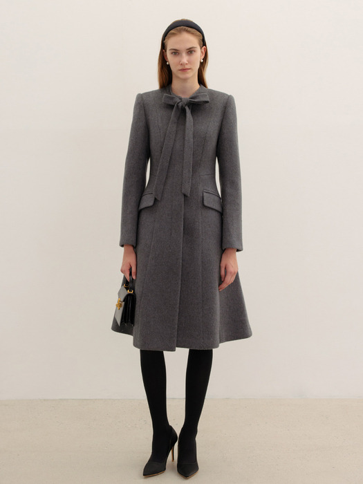 AVELINE Tie detailed A-line cashmere blended midi coat (Rose pink/Charcoal gray)