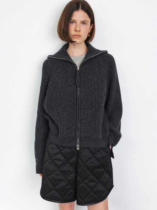 EXTRA FINE LAMBSWOOL ZIP-UP KNIT [CHARCOAL]