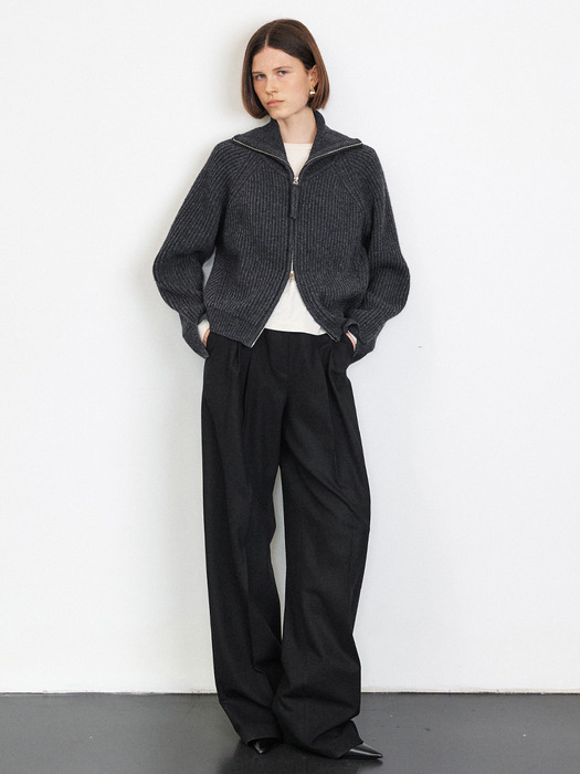 EXTRA FINE LAMBSWOOL ZIP-UP KNIT [CHARCOAL]