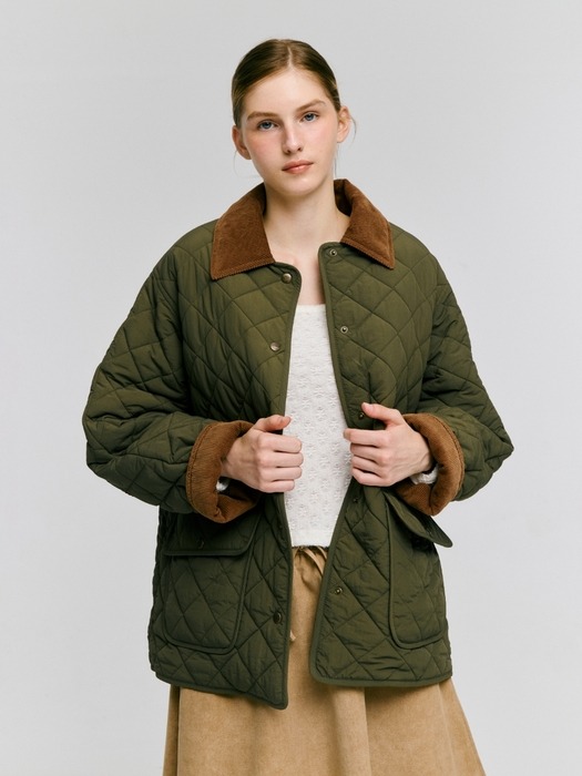 collar quilted half jacket - khaki