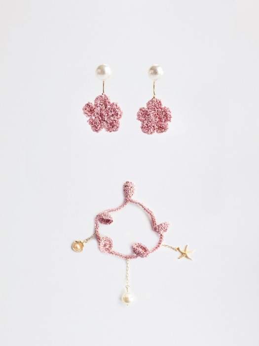 [SET] Rosegold flower and pearl earring + Gleaming sea motifs knit bracelet (Rosegold)
