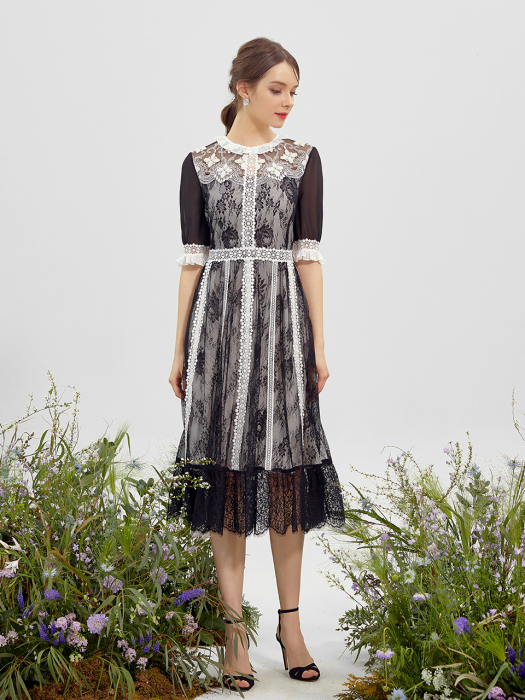 VIERNO / Black & White Lace Long Dress (black)