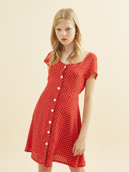 Floral Square Neck Dress_ Red