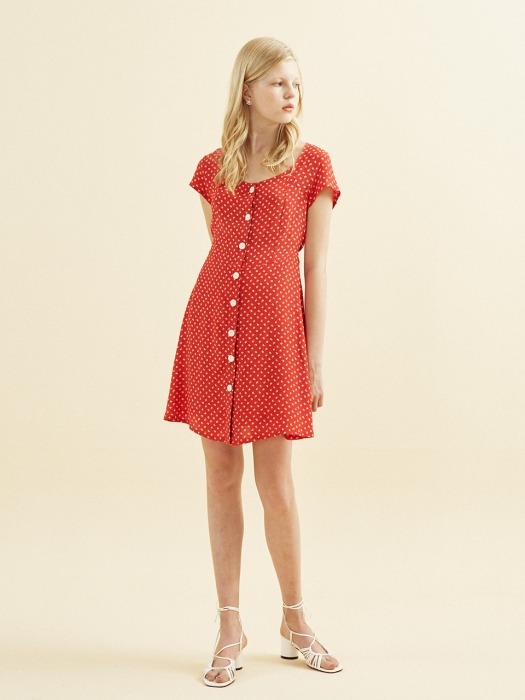 Floral Square Neck Dress_ Red