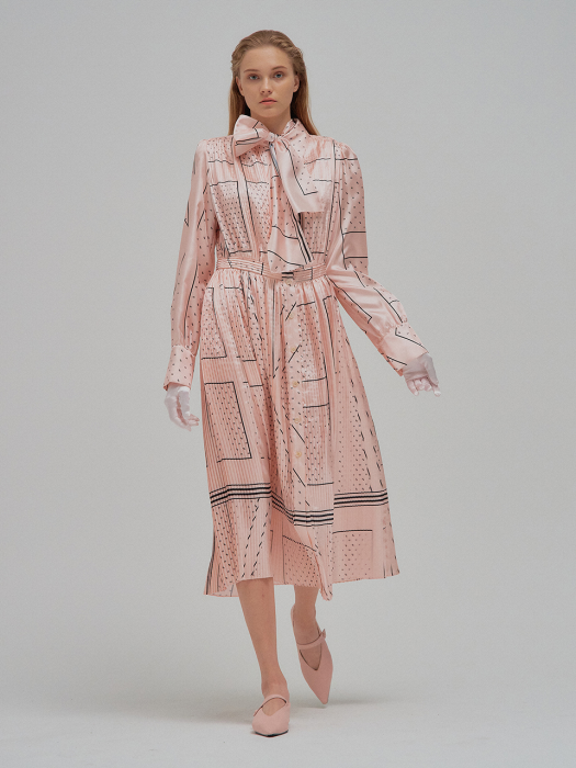 NOELLE EENK Printed Long Shirt Dress with separable bow tie