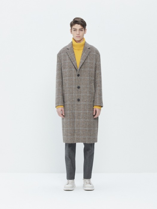 Wool Blend Single Chester Coat Check Brown