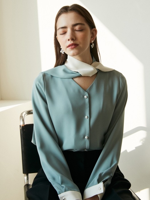 iuw565 color block scarf blouse (mint)