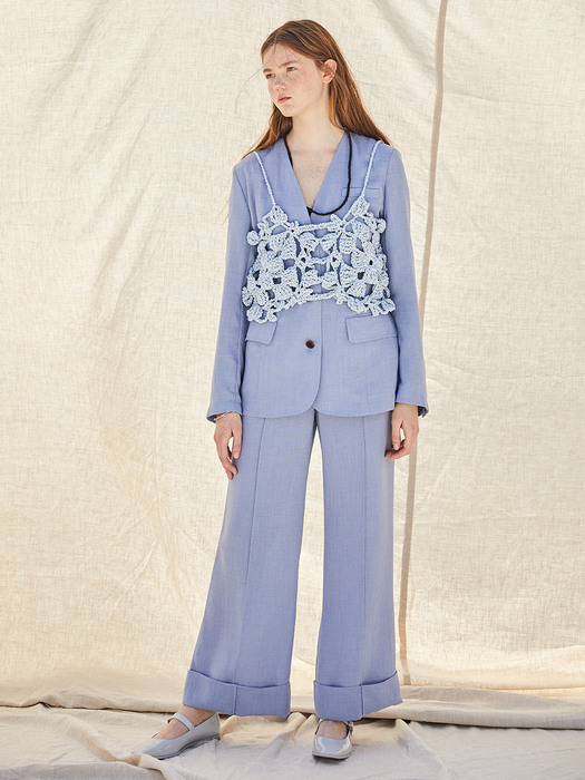 [Easy] Summer No-Collar Belted Blazer + Wide-leg Turn-up Trousers SET (4colors) 