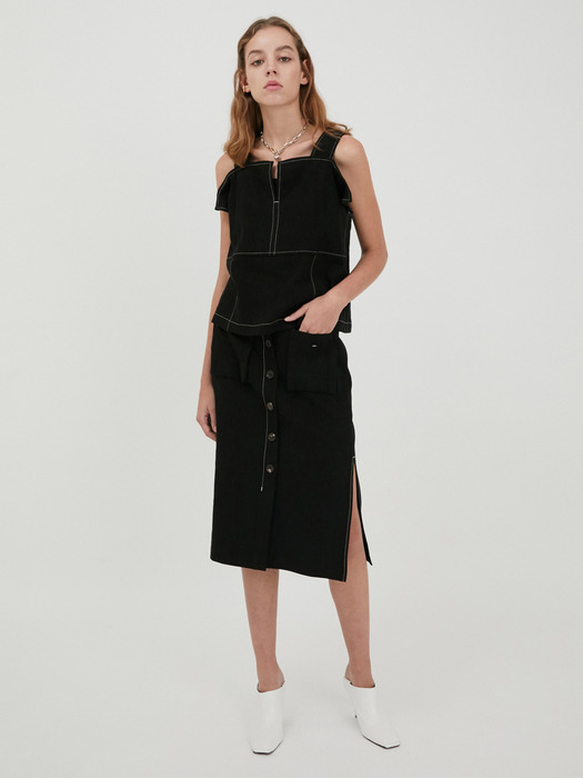 LINEN POINTED ST TOP [BLACK]