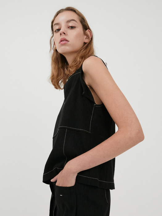 LINEN POINTED ST TOP [BLACK]