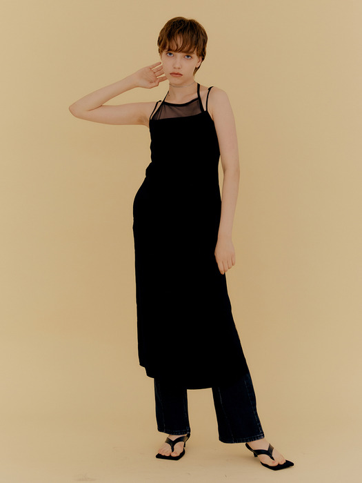 3-Way Mesh Apron Slip Dress / Black