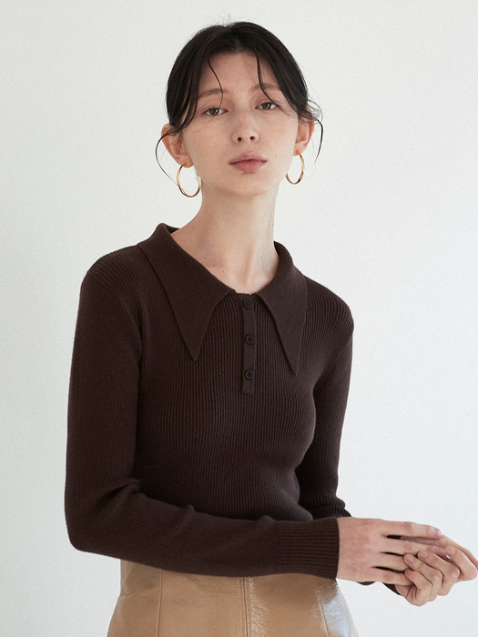 long collar knit top (brown)