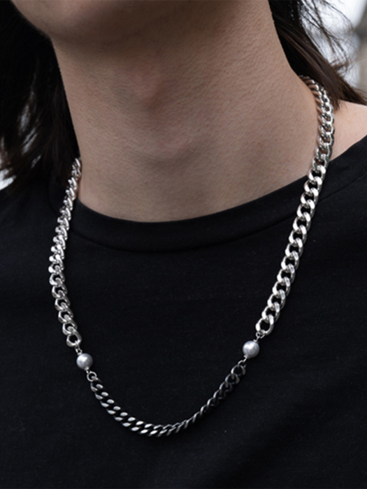 [써지컬스틸] BR49 Two pearl black chain mix necklace