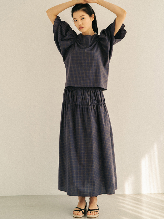 NAVY SMOKED COTTON LONG SKIRT