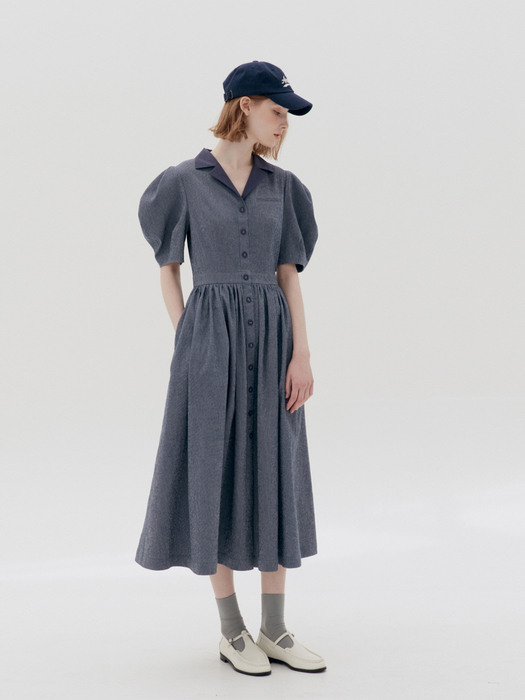 [앤유][N]HOLLYWOOD Shirred waist detail dress (Navy stripe) [W CONCEPT]