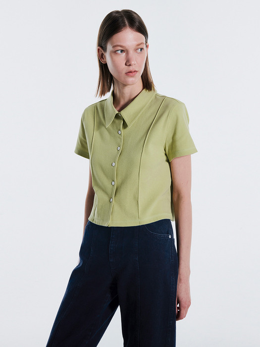 PINTUCK CROPPED JERSEY SHIRT KS [LIGHT GREEN]