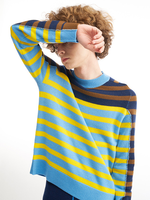HAND STITCHED STRIPE PULLOVER_BROWN&YELLOW&SKYBLUE