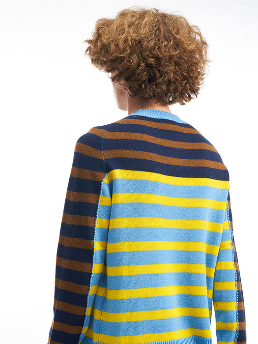 HAND STITCHED STRIPE PULLOVER_BROWN&YELLOW&SKYBLUE