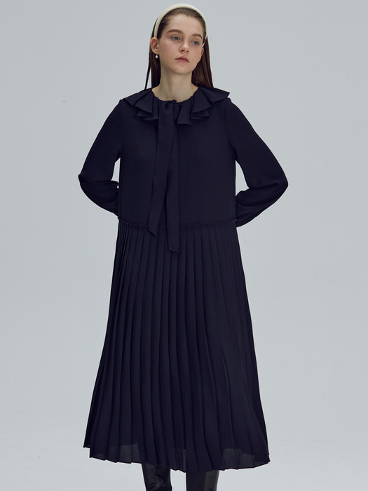 Ruffled neck pleated dress - Navy