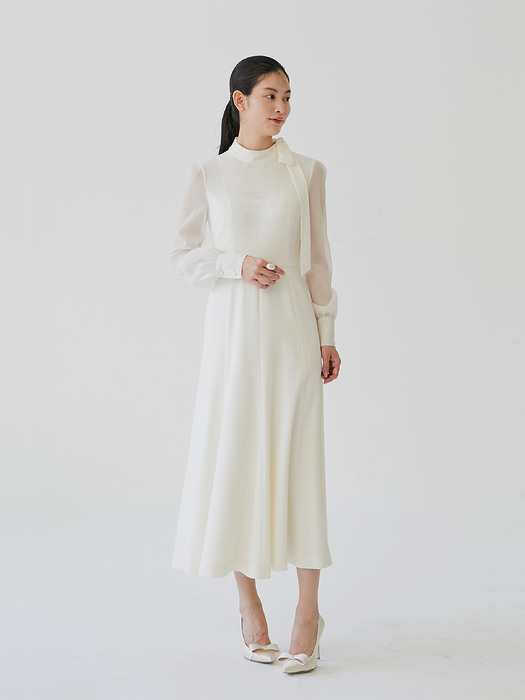 ELLEN Tie neck layerd flare dress (Cream)
