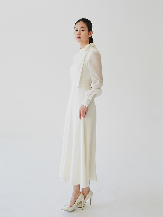 [미전시]ELLEN Tie neck layerd flare dress (Cream)