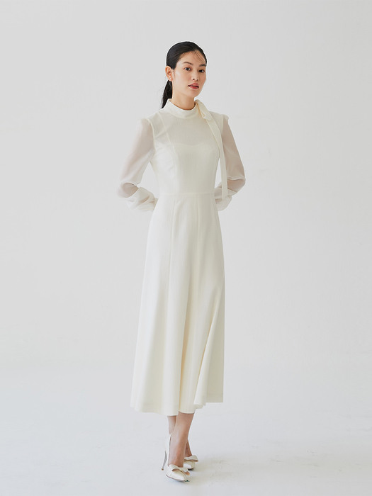 [미전시]ELLEN Tie neck layerd flare dress (Cream)