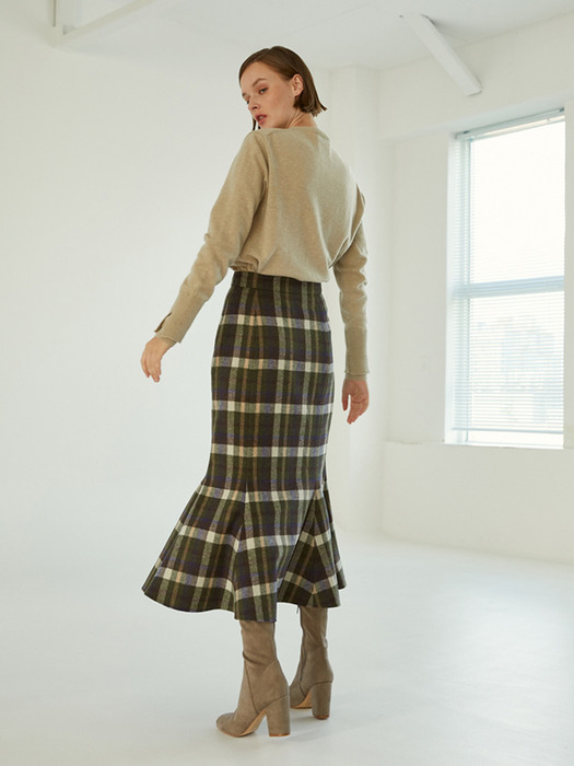Anne Check Mermaid Wool Skirt [Khaki]