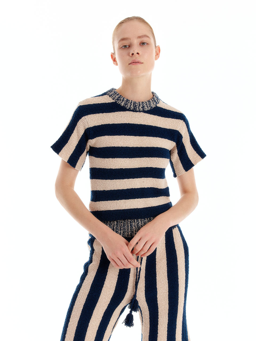 ULLYD Half Sleeve Knit Top - Navy/Beige Stripe