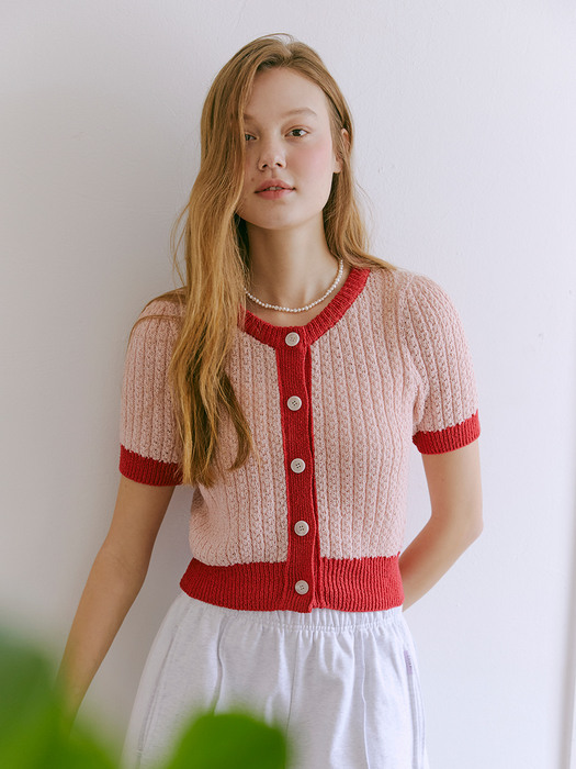 Color Block Knit Cardigan, Pink