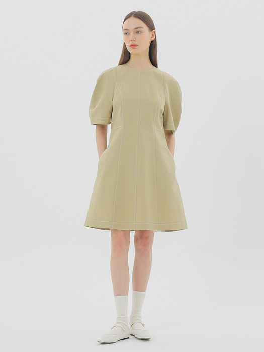 Puff Sleeve Mini Linen Dress Beige