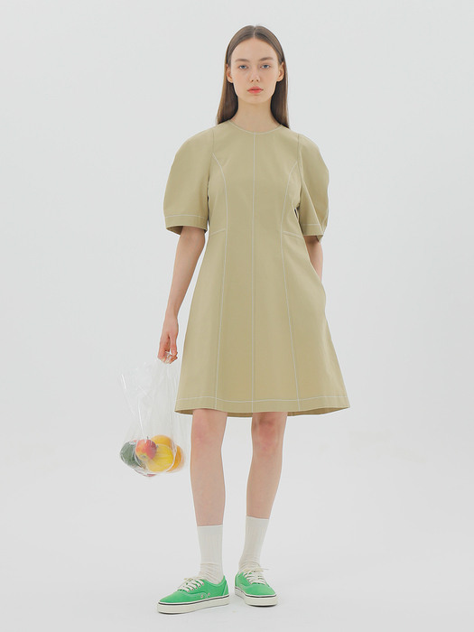 Puff Sleeve Mini Linen Dress Beige