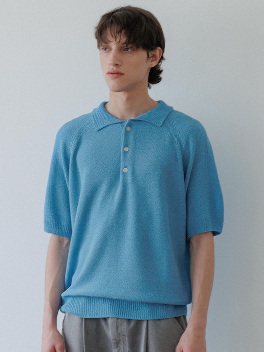 [Men] Linen Boucle Collar Knit Top (Blue)