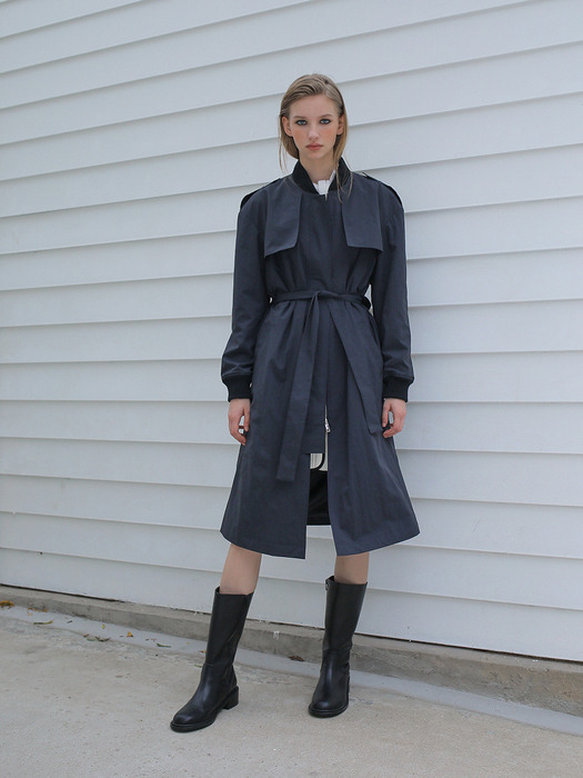 RIBBED NECK TRENCH COAT / NAVY