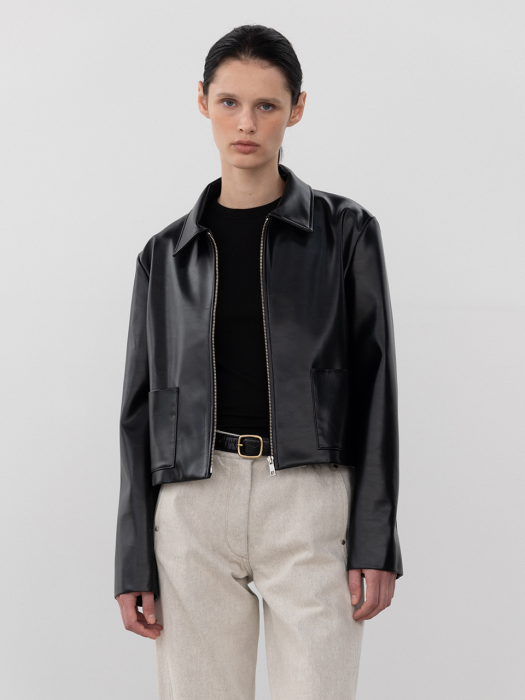 Faux Leather Zip up Jacket_Black