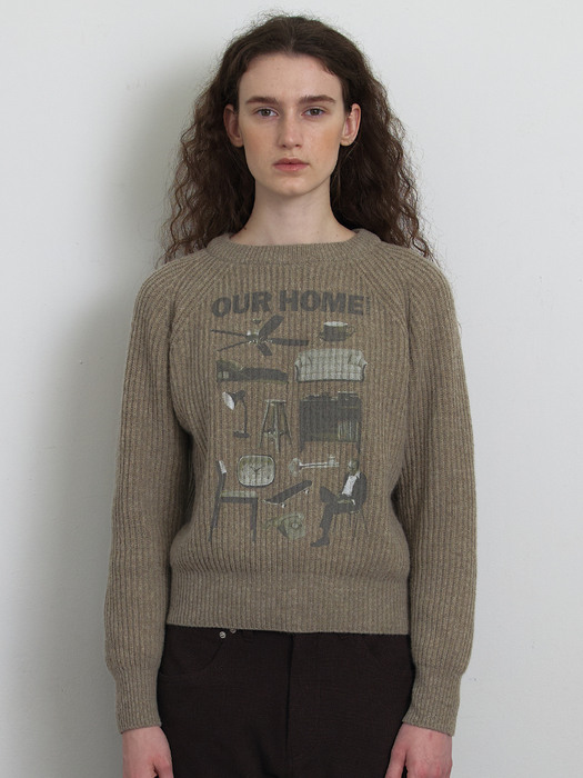 [Woman] Our Home Printing Sweater (Khaki Beige)