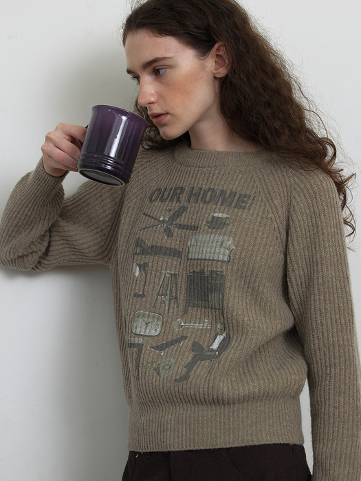 [Woman] Our Home Printing Sweater (Khaki Beige)