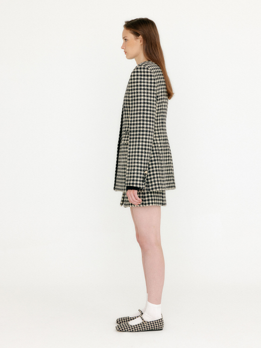 VASE Round Neck Long Jacket - Black/Ivory Check