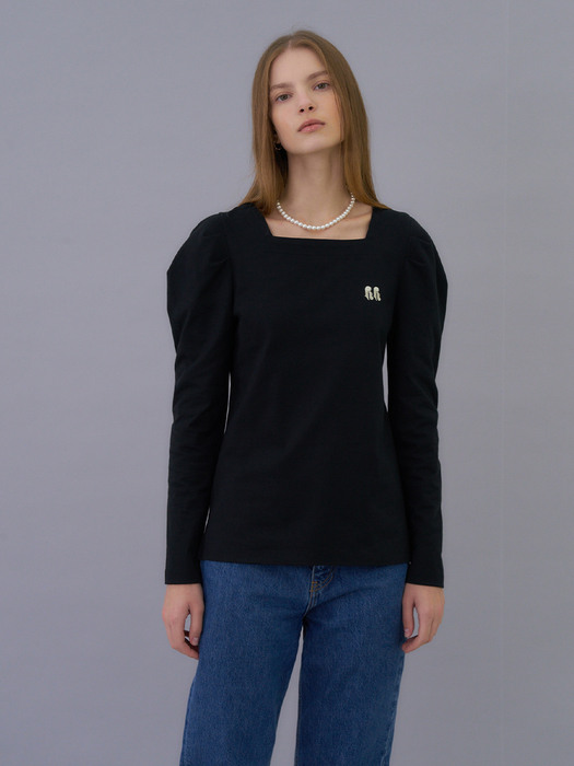 Square-neck volume sleeve t-shirts (black)