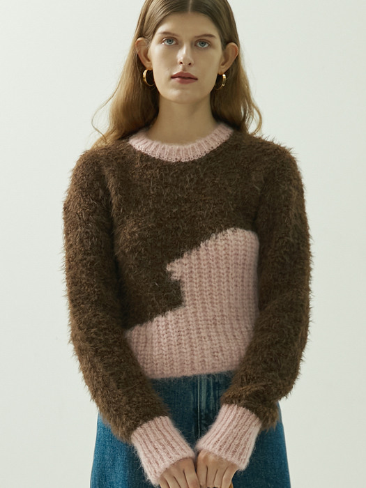 COLOR MIX ALPACA KNIT TOP - BROWN