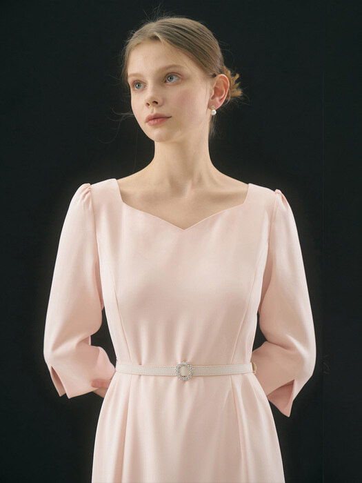 VALENTINA Heart neck Unbalanced Slit Belted Dress_Pink