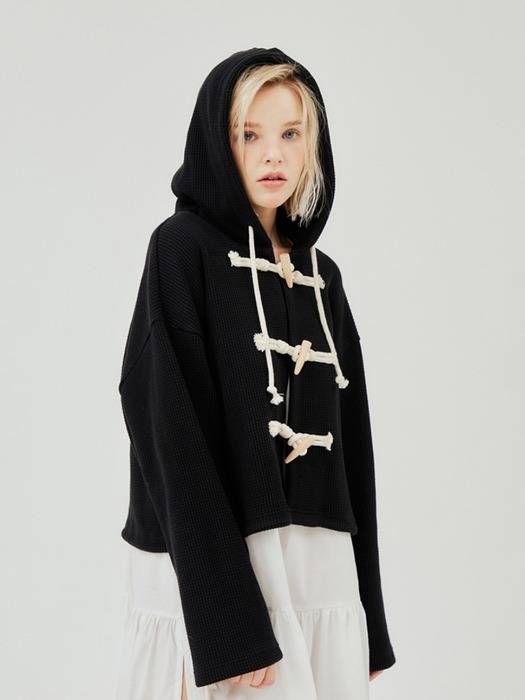 WAFFLE CROP TOGGLE HOODIE_BLACK