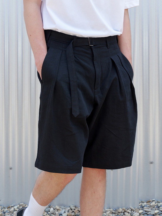 Belted wide linen shorts (navy)