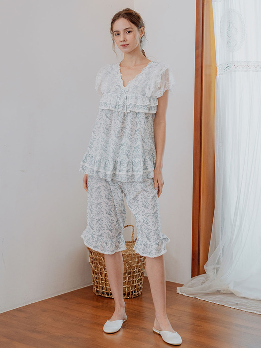 여성 바질 브이넥 레이스소매 투피스 잠옷(2C)