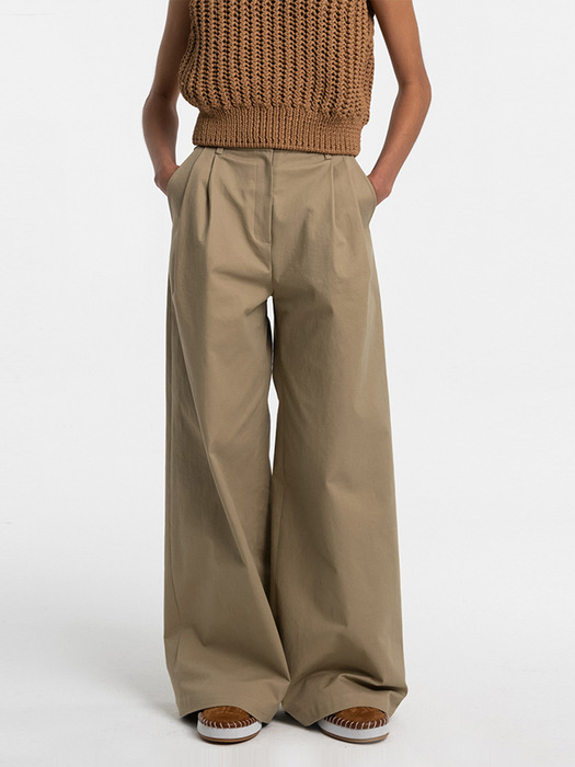 COTTON TWO TUCKED WIDE PANTS_BEIGE