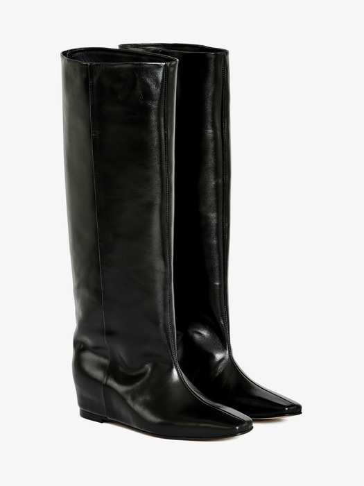 40mm Regina Wedge-Heel Long Boots (Black)