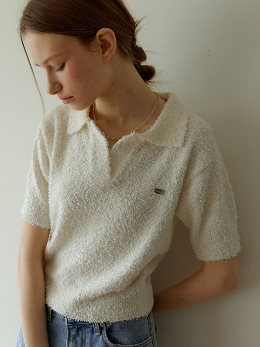 Boucle polo open collar knit (Ivory)