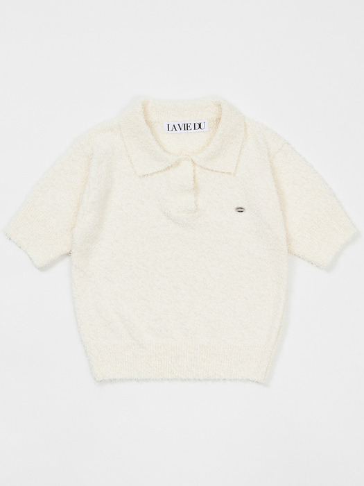 Boucle polo open collar knit (Ivory)